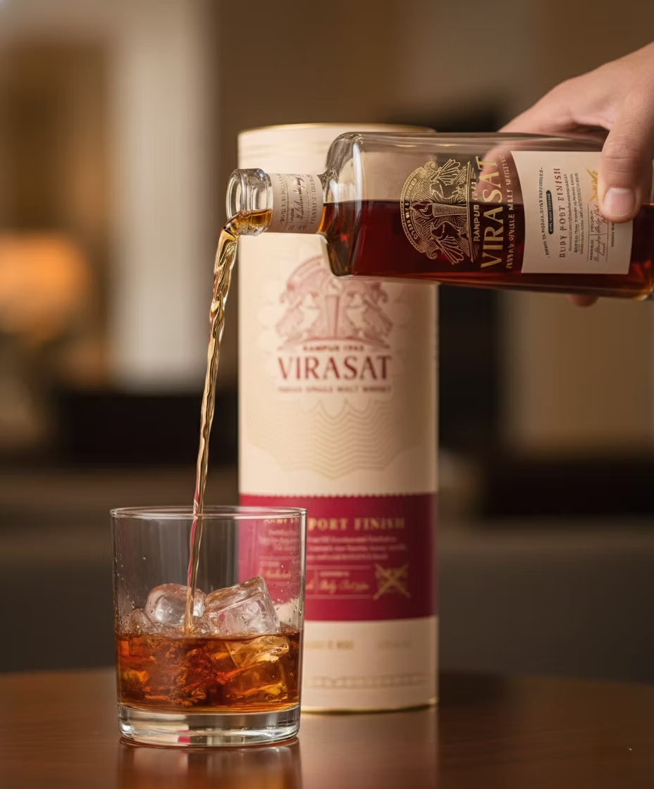 Pouring Virasat whisky into a glass